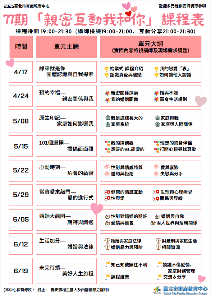 一、歡迎參加臺北市家庭教育中心於4至6月舉辦之 「親密互動我和你」情感教育系列課程，內容包含親密 關係與我、家庭如何影響我、約會與擇偶、婚姻與法律 等主題。   二、報名自即日起至114年4月7日為止，額滿採候補報名登記 制，相關內容可於本中心網站（https://family.gov. taipei）課程與活動瀏覽及下載，或電洽02–25419690轉605。