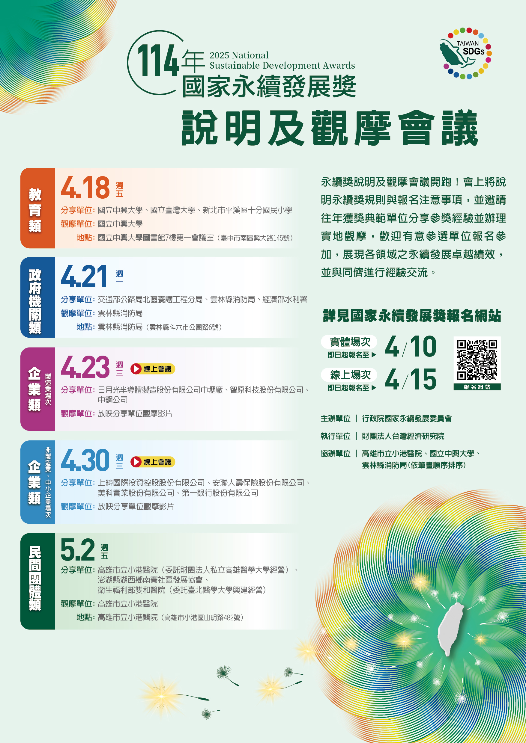 一、依據行政院國家永續發展委員會秘書處114年3月20日永續秘字第1146000015號函辦理。 二、「114年國家永續發展獎」採網路線上報名方式，請有意參加教育類選拔者，參酌選拔表揚計畫，於114年6月15日前至國家永續發展獎網站，填列報名表格並上傳相關資料，完成報名程序（報名網址：https://ncsdaward.ndc.gov.tw/）。 三、為增進各界對於國家永續發展獎之瞭解，並促進永續發展相關經驗互相交流與分享，行政院國家永續發展委員會另舉辦「114年國家永續發展獎說明及觀摩會議」，可免費線上報名，歡迎有意參加選拔者踴躍參加，教育類場次資訊如下： (一)時間：114年4月18日（星期五） (二)地點：臺中國立中興大學圖書館7樓第一會議室（臺中市南區興大路145號） (三)報名網址：https://tier.surveycake.biz/s/aqAXY