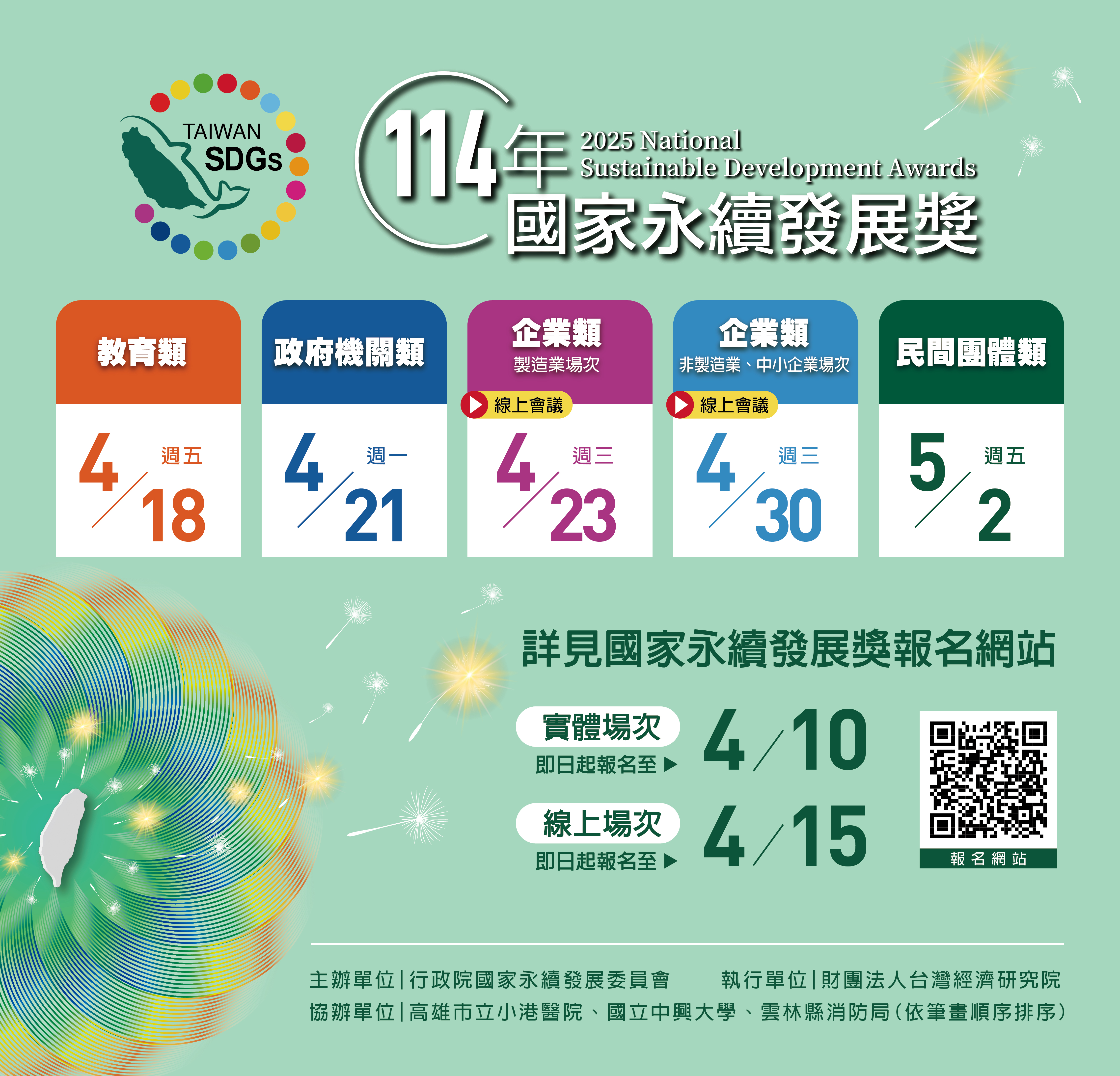 一、依據行政院國家永續發展委員會秘書處114年3月20日永續秘字第1146000015號函辦理。 二、「114年國家永續發展獎」採網路線上報名方式，請有意參加教育類選拔者，參酌選拔表揚計畫，於114年6月15日前至國家永續發展獎網站，填列報名表格並上傳相關資料，完成報名程序（報名網址：https://ncsdaward.ndc.gov.tw/）。 三、為增進各界對於國家永續發展獎之瞭解，並促進永續發展相關經驗互相交流與分享，行政院國家永續發展委員會另舉辦「114年國家永續發展獎說明及觀摩會議」，可免費線上報名，歡迎有意參加選拔者踴躍參加，教育類場次資訊如下： (一)時間：114年4月18日（星期五） (二)地點：臺中國立中興大學圖書館7樓第一會議室（臺中市南區興大路145號） (三)報名網址：https://tier.surveycake.biz/s/aqAXY
