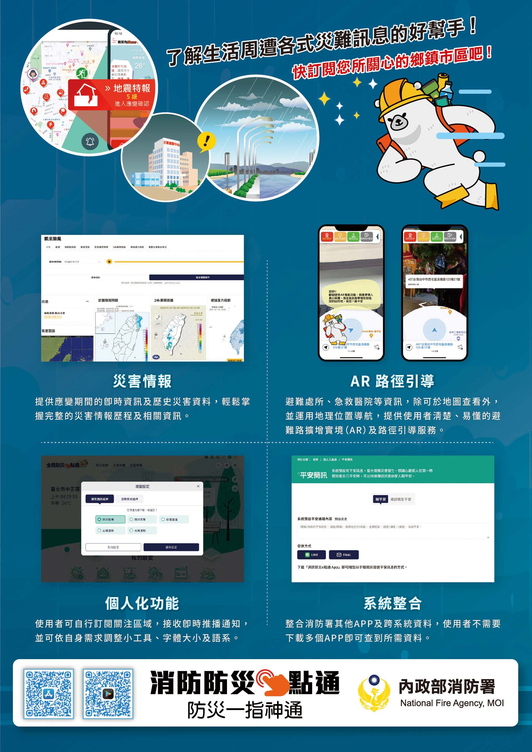 一、依本府114年4月25日府授消減字第1140117499號函辦理。   二、旨揭「全民防災e點通網站」及「消防防災e點通APP」由內 政部消防署建置，具備災害示警推播、各類災害防救指 引、119報案定位、查詢鄰近避難處所及防空避難設施、提 供避難路線建議等功能，並提供16種外國語言翻譯，可協 助民眾即時掌握重要災防訊息。