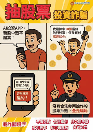 一、依據本府警察局114年5月5日北市警刑經字第11430432991 號函辦理。   二、經分析本市114年4月各類詐欺案件發生數共計1,764件，財 損金額新臺幣（以下同）13億2,099萬元，前3大詐欺手法 之受理件數及財損金額：   (一)網路購物詐騙287件，財損1,642萬元。   (二)假投資詐騙286件，財損7億382萬元。   (三)假買家騙賣家詐騙199件，財損2,364萬元。   三、因應前3大高發詐欺手法，發現近期假投資詐騙新手法，多 運用「抽股票」、「假冒理財專家」及「假冒投資平臺」 等方式誘導民眾加入投資群組後匯款遭詐騙