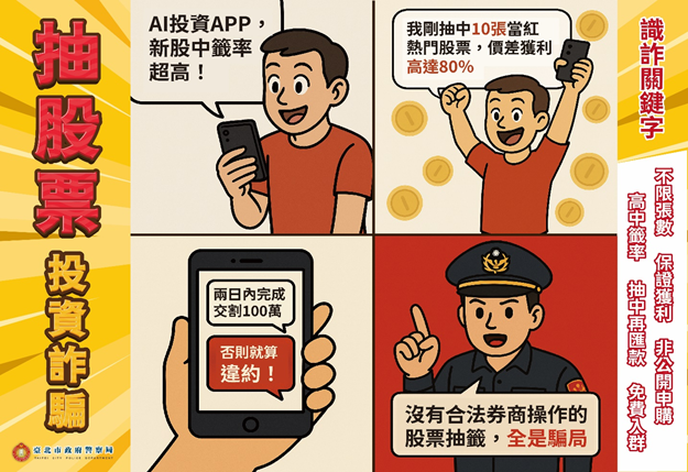 一、依據本府警察局114年5月5日北市警刑經字第11430432991 號函辦理。   二、經分析本市114年4月各類詐欺案件發生數共計1,764件，財 損金額新臺幣（以下同）13億2,099萬元，前3大詐欺手法 之受理件數及財損金額：   (一)網路購物詐騙287件，財損1,642萬元。   (二)假投資詐騙286件，財損7億382萬元。   (三)假買家騙賣家詐騙199件，財損2,364萬元。   三、因應前3大高發詐欺手法，發現近期假投資詐騙新手法，多 運用「抽股票」、「假冒理財專家」及「假冒投資平臺」 等方式誘導民眾加入投資群組後匯款遭詐騙