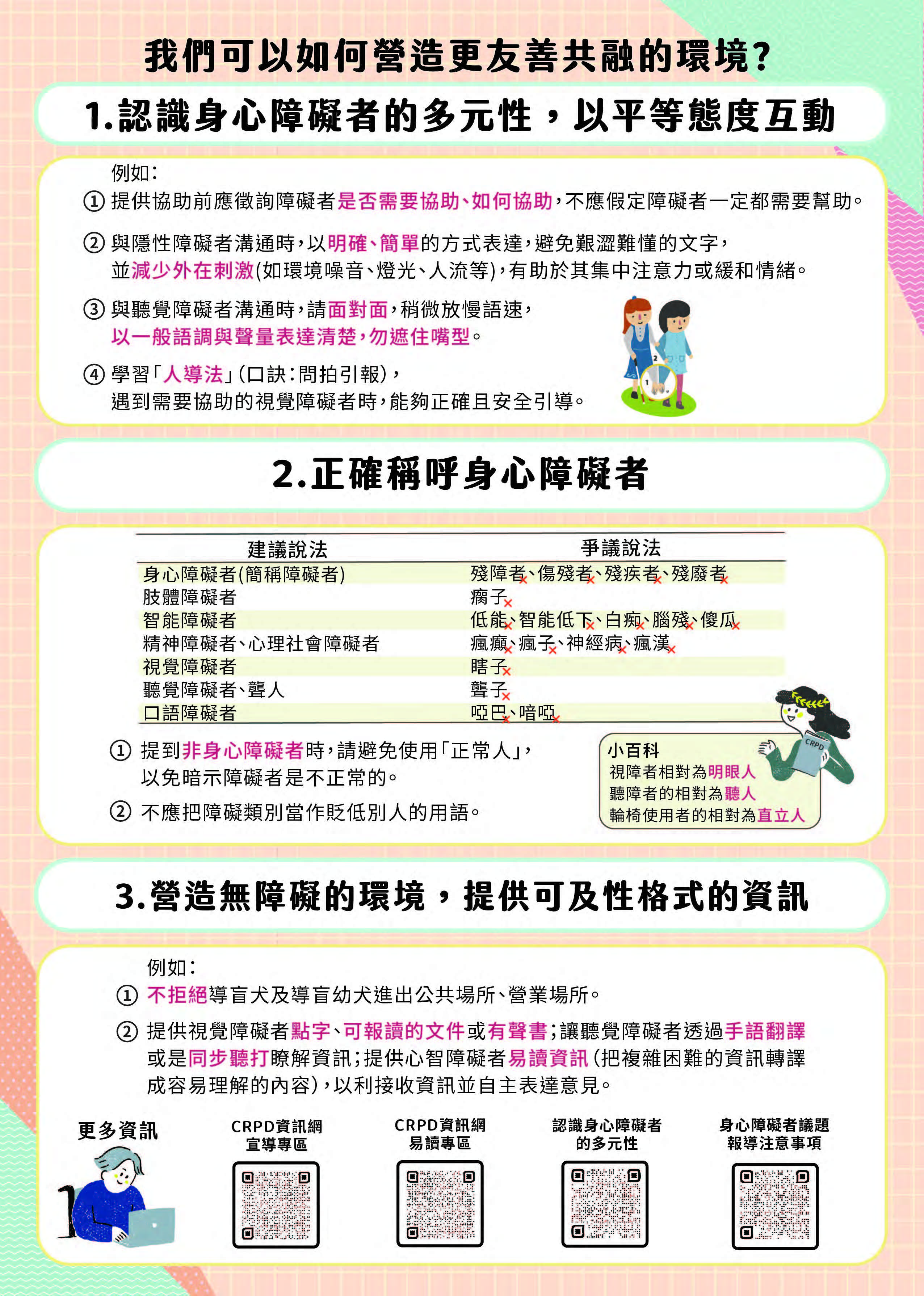 一、依據教育部國民及學前教育署114年7月22日臺教國署原字 第1140064826號函辦理。 二、為促進身心障礙者與非身心障礙者有同等的權利，我國於 2014年透過CRPD施行法，期待透過公私部門的共同努力， 營造更友善共融的社會環境；衛生福利部製作旨揭宣導摺 頁，介紹CRPD八大原則，以及簡介社會大眾如何共同營造 更友善共融的環境，包含認識身心障礙者的多元性，以平 等態度互動、正確稱呼身心障礙者、營造無障礙的環境， 提供可及性格式的資訊等。