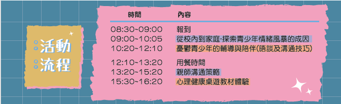 一、本會將於北、中、南部辦理114年度教師培訓課程，北部場 次與臺北市成淵高中合作辦理，期提升教師對青少年憂鬱 的認知，增進教師與家長、青少年的溝通技巧，以及面對 壓力及憂鬱的處遇方式，陪伴青少年走出情緒風暴。 二、研習資訊：時間為114年10月02日星期四，上午09:00~下午 4:20，地點為臺北市成淵高中(台北市大同區承德路二段 235號)，其他研習資訊敬請詳閱隨文檢附之「親師同心， 看見孩子的情緒」教師培訓課程DM。 三、報名方式：可直接於線上表單報名(https://reurl.cc /Nxydak)或填寫報名表(如附件表格)郵寄至董氏基金會心 理衛生中心ming@jtf.org.tw。 四、此次研習活動費用全免，全程參與研習者，將於課程結束後，核發教師研習時數6小時。