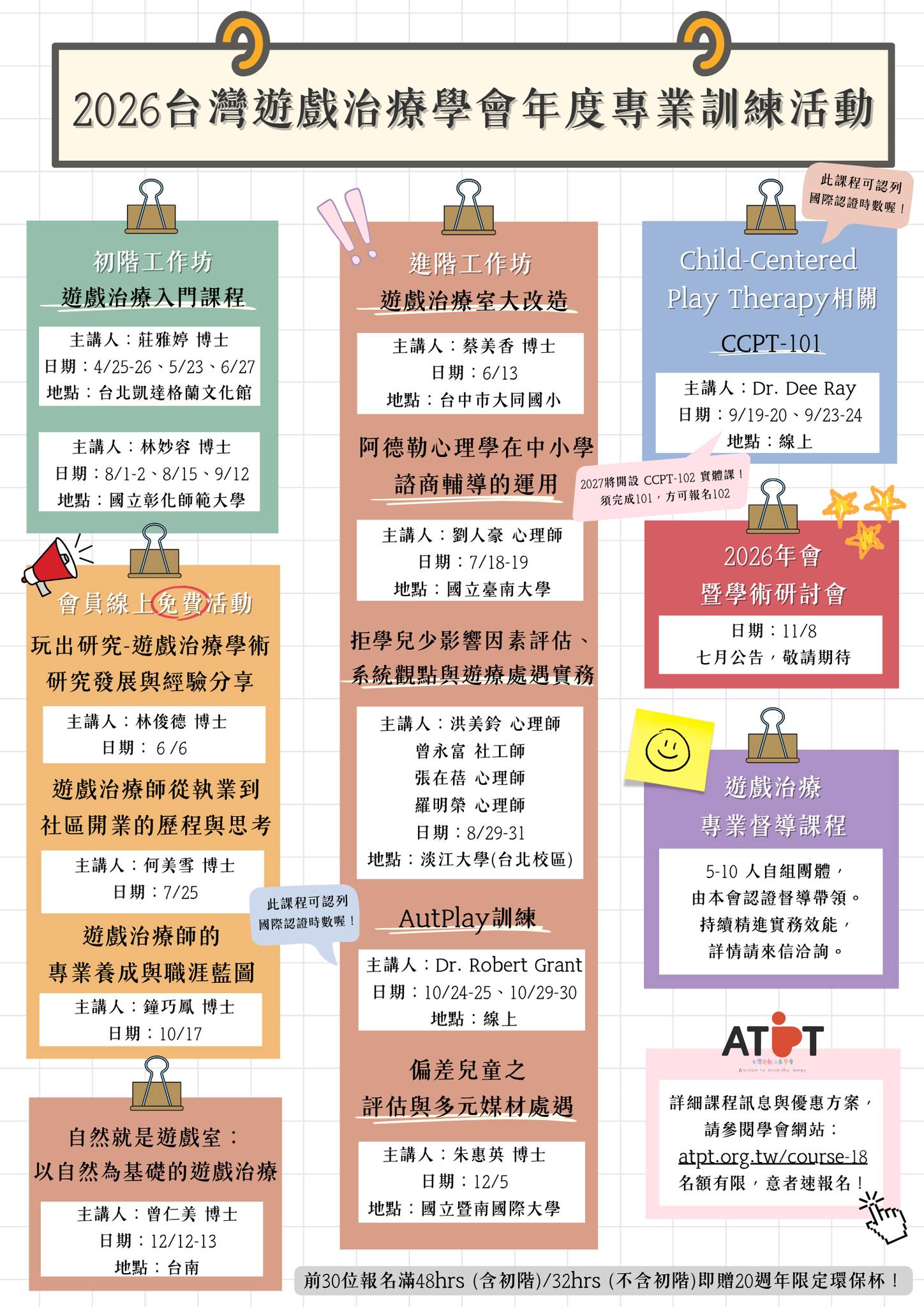 (一)空間的療癒力：多元文化遊戲室之規畫與改造   １、日期：6/13（六）。   ２、時間：09：00-16：30，每日以6小時計。   ３、地點：臺中市西區大同國民小學 （古蹟樓1F 會議 室） （臺中市西區自由路一段138號）。  ４、講師：蔡美香 博士主講。   (二)阿德勒心理學在中小學諮商輔導的應用   １、日期：7/18（六）、7/19（日）。   ２、時間：09：00-16：30，每日以6小時計。  ３、地點：國立台南大學 （E105室） （臺南市中西區樹 林街二段33號 府城校區啟明苑一樓）。  ４、講師：劉人豪 諮商心理師主講。  (三)遊戲不只是遊戲－兒童遊戲治療入門工作坊（中部場）   １、日期：（工作坊）8/1（六）、8/2（日）、8/15 （六），共計三日課程。 （團體督導）9/12（六），共計一日課程。   ２、時間：9:30-16:40，每日以6小時計。   ３、地點：國立彰化師範大學 創思坊（彰化縣彰化市進德 路1號）。   ４、講師：林妙容 博士主講。   ５、說明：本次課程可選擇參加四日課程（工作坊+團體督 導）或三日課程（僅工作坊）或單獨報名團體督導課 程。   (四)課程說明   １、活動採線上報名，名額有限，額滿截止。   ２、於早鳥優惠期限提前完成報名並繳費者，享有「早鳥 優惠價」。請參考學會報名網站（https://www.atpt. org.tw/course.php）   ３、本活動可獲得學會認證時數，並申請醫事人員（諮商 心理師、臨床心理師）與社工師繼續教育積分。